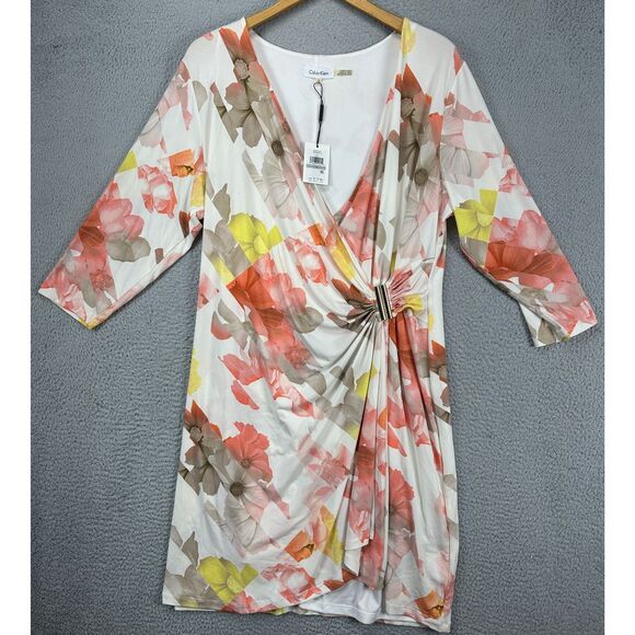 Calvin Klein Midi Dress Women 1X Plus Multi Floral Print Long Sleeve Stretch NEW - Picture 1 of 11